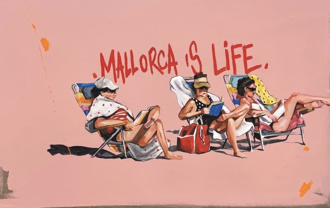 Original painting by Carolina Adan Caro showing three women relaxing in Mallorca