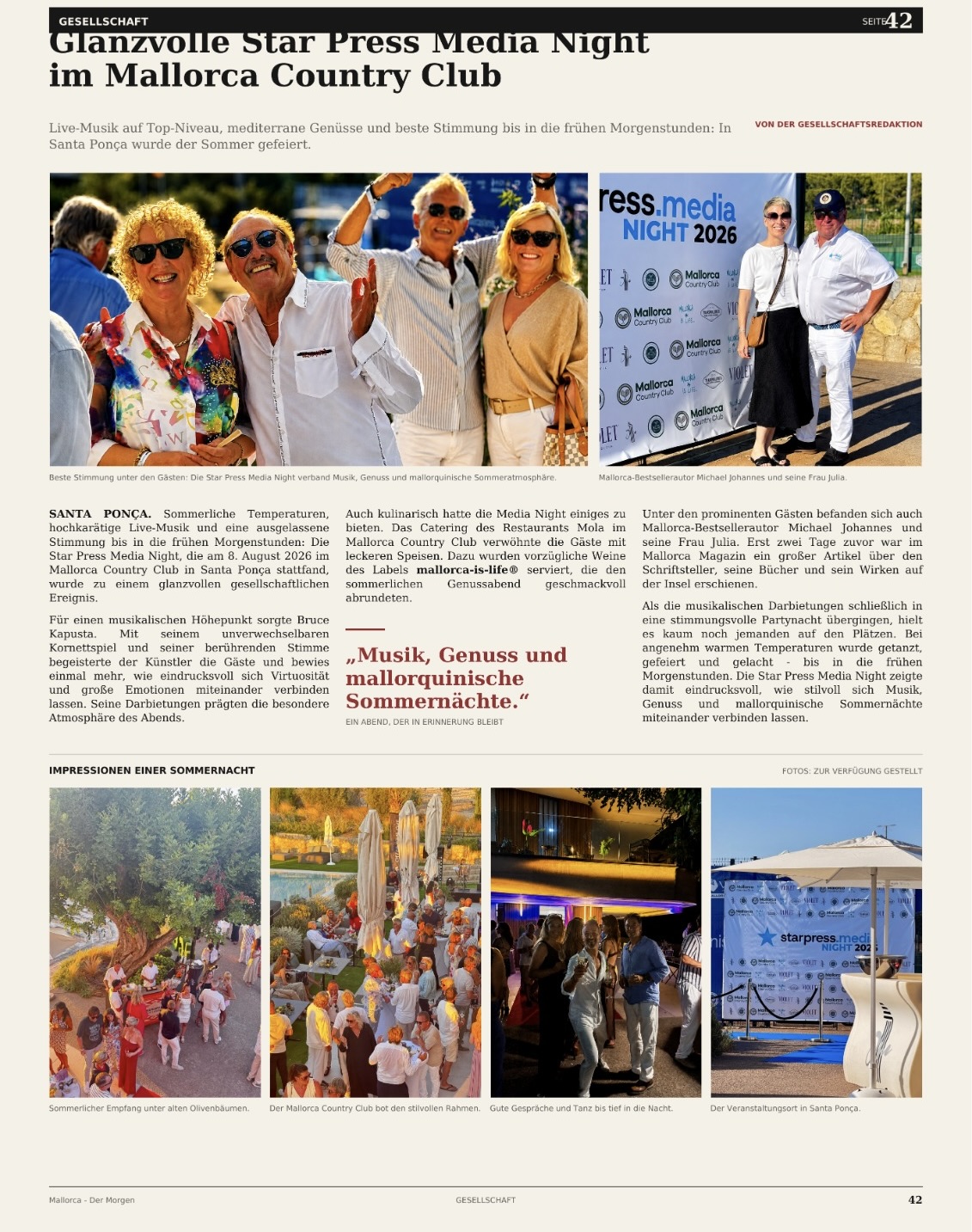 Artikel über die Star Press Media Night in Mallorca - Der Morgen